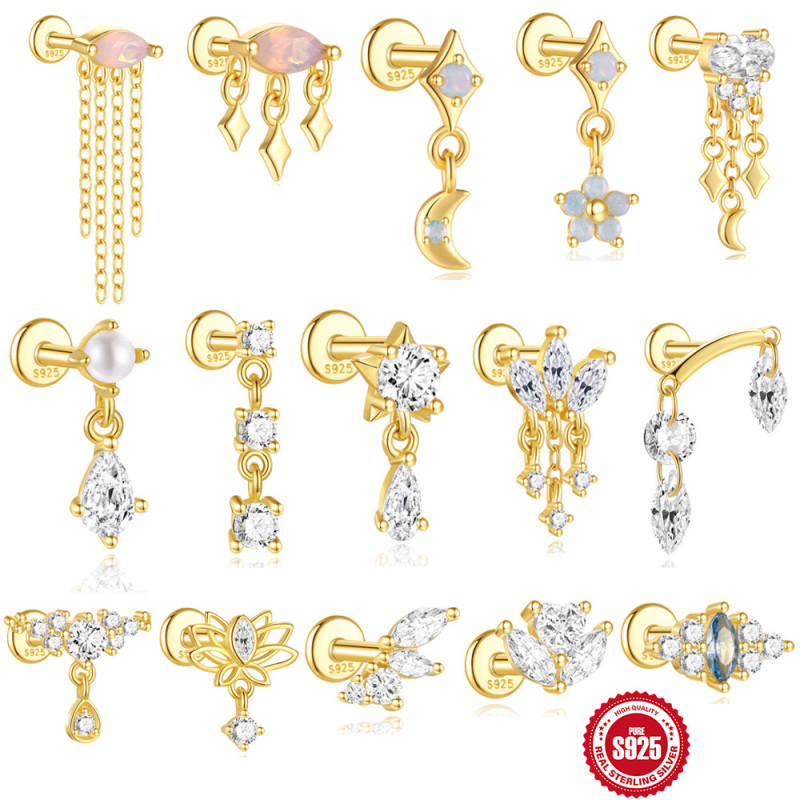 New S925 Sterling Silver Opal Inlaid Diamond Flat Head Threaded Piercing Ear Bone Stud European and American Hot Selling Geometric Pearl Ear Jewelry