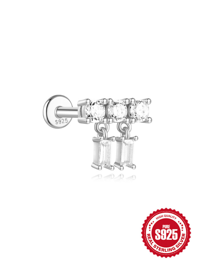 S925 Sterling Silver Exquisite Zircon Inlaid Flat Spiral Piercing Ear Bone Stud European and American Hot-Selling Geometric White Gold Ear Jewelry