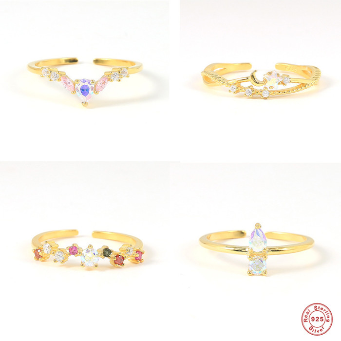 S925 Sterling Silver Geometric Moon Small Stone Sparkling Open Ring TikTok Same Style Colorful Stone Exquisite In...
