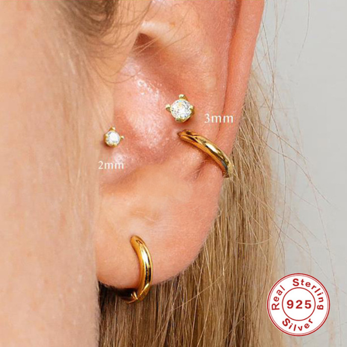 S925 Sterling Silver INS Simple Four-Prong Diamond Piercing Stud Earrings European and American Hot-Selling Flat Head Threaded Piercing Cartilage Earrings