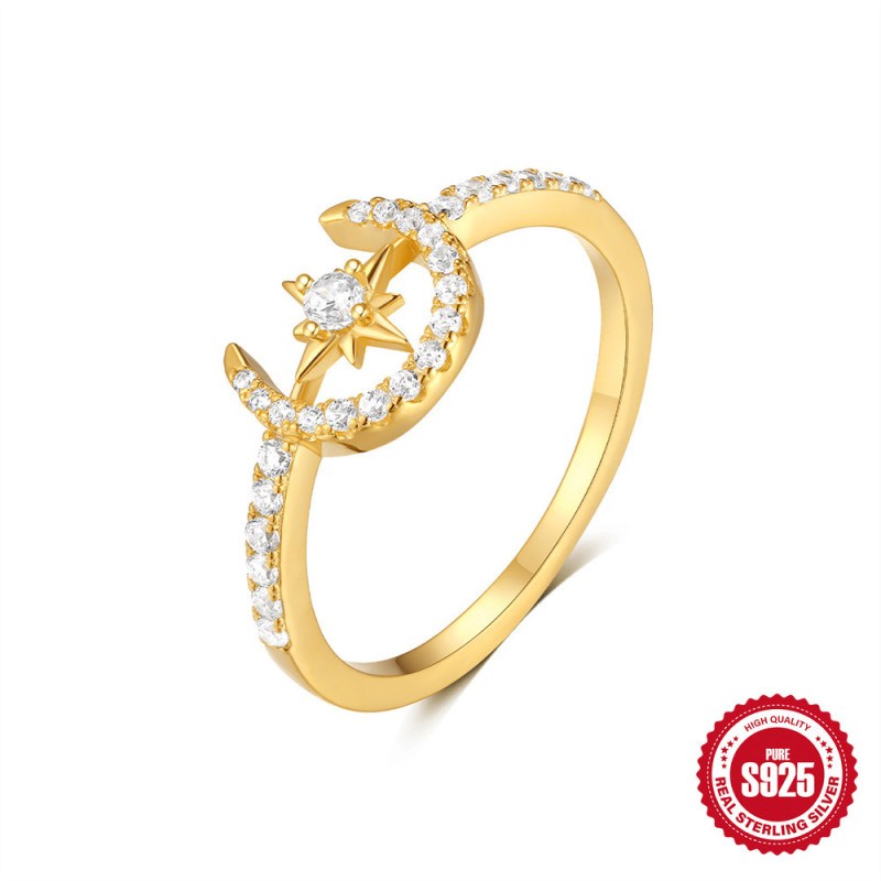 S925 Sterling Silver Ring for Women, High-End Niche Design, Star Moon Eight-Pointed Star Ring, Trendy Fashion Diamond-Studded Index Finger Ring