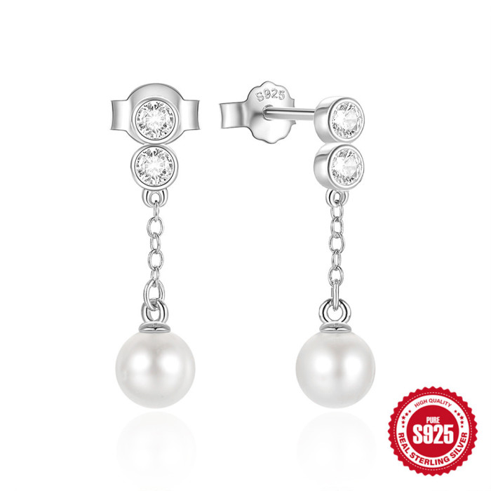 S925 Sterling Silver Inlaid Diamond Chain Tassel Pearl Earrings Stud Earrings Earrings Internet Celebrity Hot Selling...