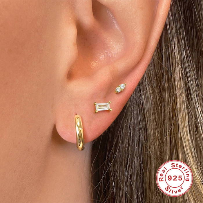S925 Sterling Silver Two Diamond-Studded Flat Head Threaded Stud Earrings European and American Personality Trend Body Piercing Cartilage Stud Earrings