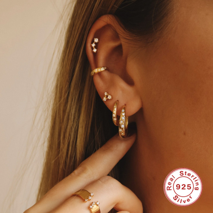 S925 Sterling Silver INS Classic Small Flower Zircon Hoop Earrings Ear Clips Earrings Cross-Border Hot Selling Diamond-Studded Light Luxury Elegant Earrings