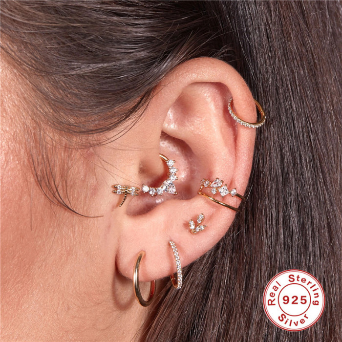S925 Sterling Silver Diamond-Studded Cartilage Piercing Hoop Earrings Korean and Japanese Style Elegant Personality 18K Gold Plated Light Luxury Piercing Jewelry