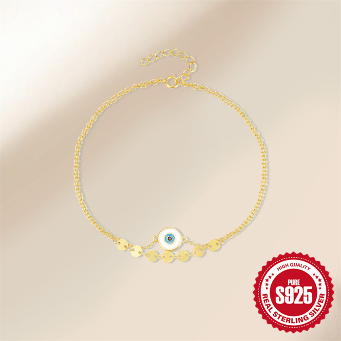 S925 Sterling Silver Devil's Eye Oil Drop Double Layer Anklet for Women, European and American Hot-Selling Elegant Summer Beach Anklet Jewelry