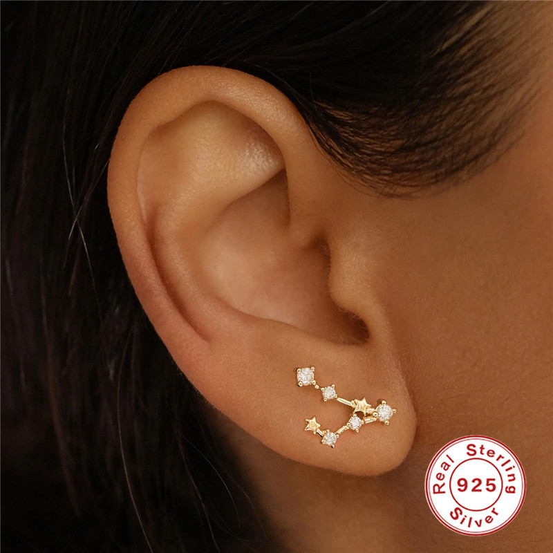 S925 Sterling Silver Irregular Zodiac Sign Diamond-Studded Pentagram Earrings European and American Bestselling Creative Style Earrings for Women