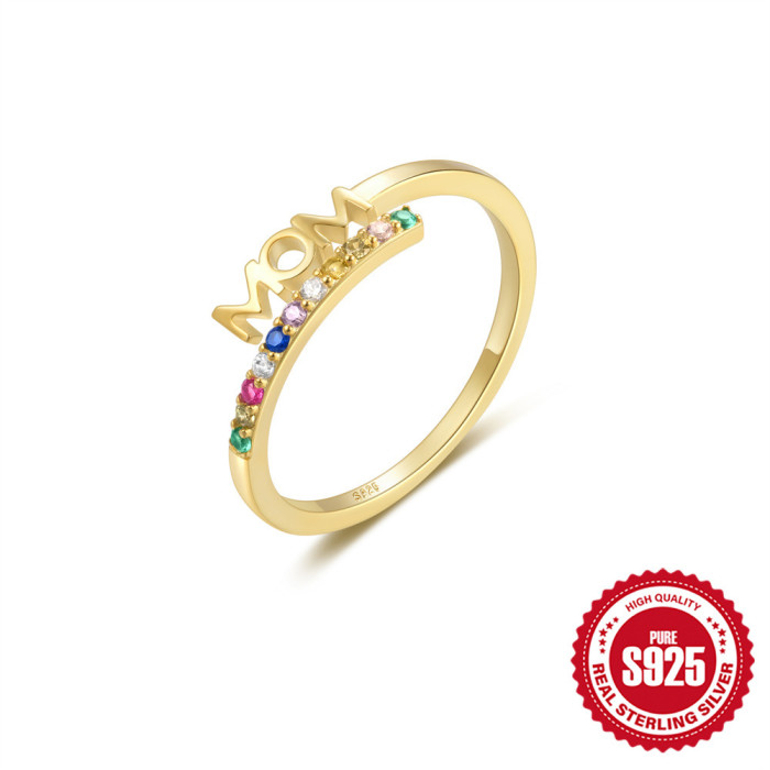 925 Sterling Silver Colored Stone Mama Letter Ring Mother's Day Gift French Style Stone-Inlaid Open Index Finger...