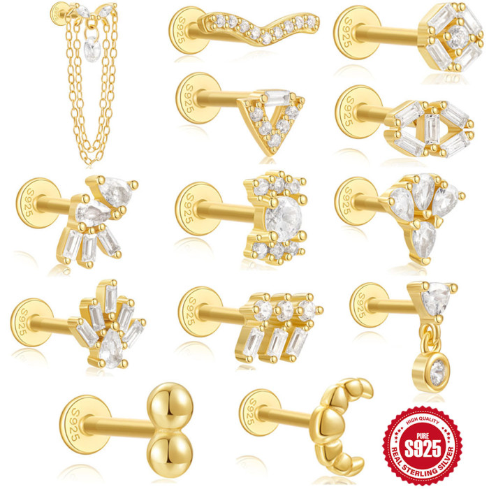 925 Sterling Silver Tassel Water Drop Zircon Cartilage Piercing Flat Spiral Piercing Stud Earrings European and American Hot Selling INS Ear Bone Studs