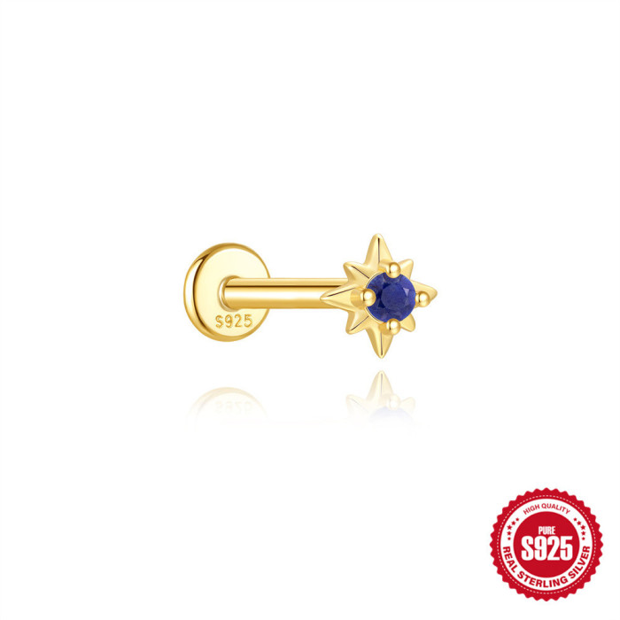 S925 Sterling Silver Geometric Inlaid Natural Lapis Lazuli Flat Head Threaded Piercing Ear Bone Stud New Hot-Selling High-End Earrings
