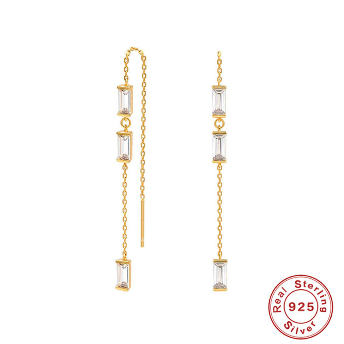 S925 Sterling Silver Rectangular Zircon Stone-Inlaid Chain Earrings Studs Korean Style Long Tassel Ear Thread Elega...