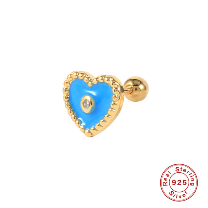 S925 Sterling Silver Single Spiral Piercing Heart Enamel Oil Drop Earrings European and American Fashion Personality Versatile Earrings