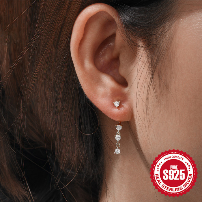 925 Sterling Silver Double Line Inlaid Stone Versatile Earrings Studs European and American Hot Selling Creative Personality Back Hanging C-shaped Earrings
