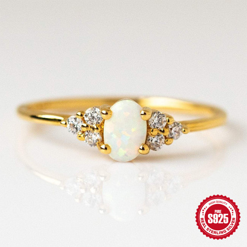 S925 Sterling Silver Opal Ring European and American Fashion Simple Ins Style Diamond-Encrusted Women's Wedding Ring Cross-Border
