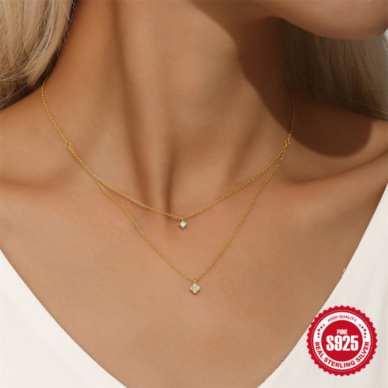 925 Sterling Silver Double Layer Lucky Clover Necklace for Women Hot Sale Simple Diamond-Studded Super Shiny Flower INS Versatile Collarbone Chain