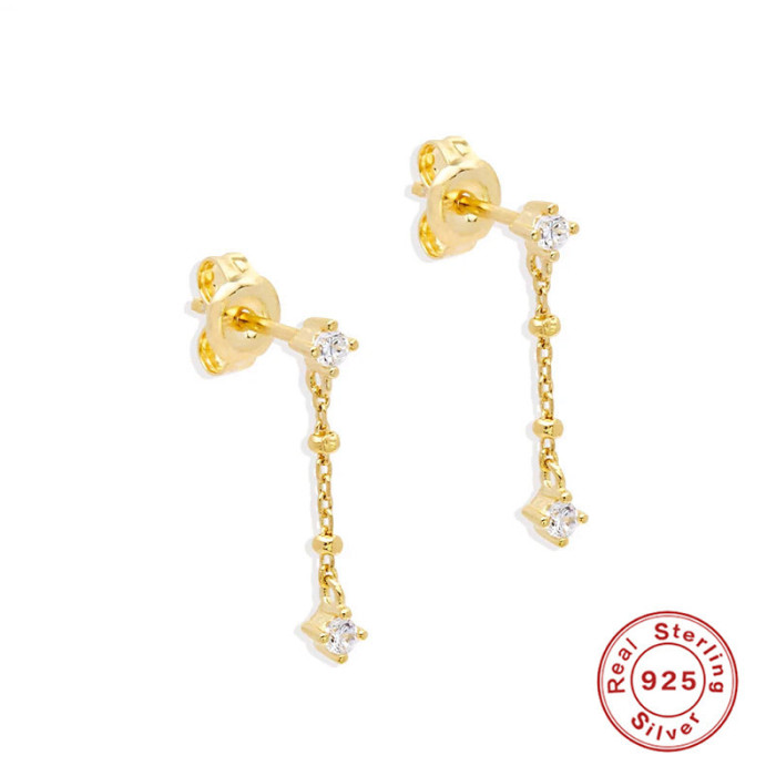 S925 Sterling Silver Tassel Inlaid Diamond Elegant Pearl Stud Earrings Drop Earrings Korean Version INS Minimalist Niche Earrings Ear Thread