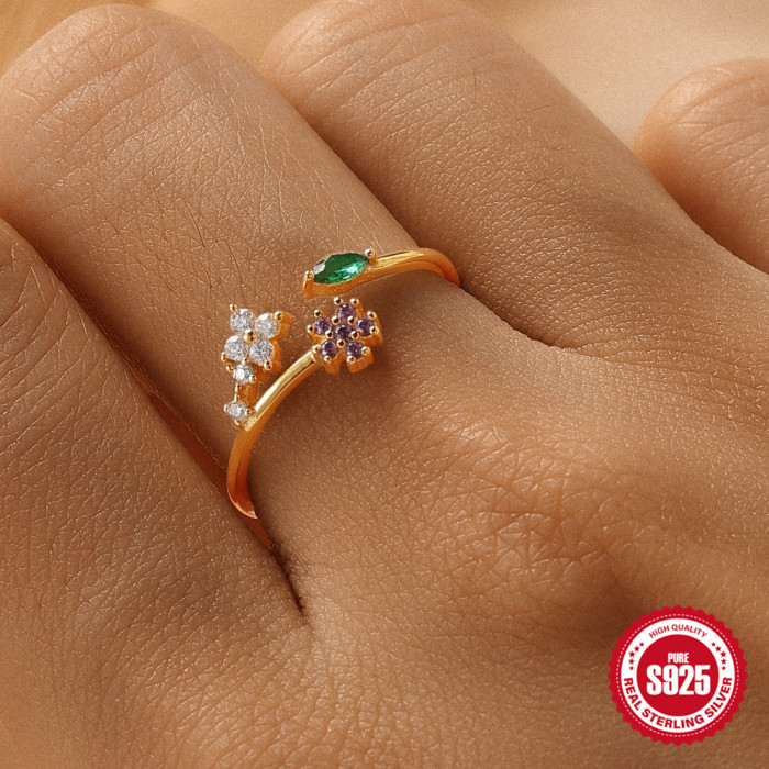 S925 Sterling Silver Heart Flower Inlaid Diamond Open Ring Korean Version Light Luxury Ins Opal Niche High-end Index Finger Ring