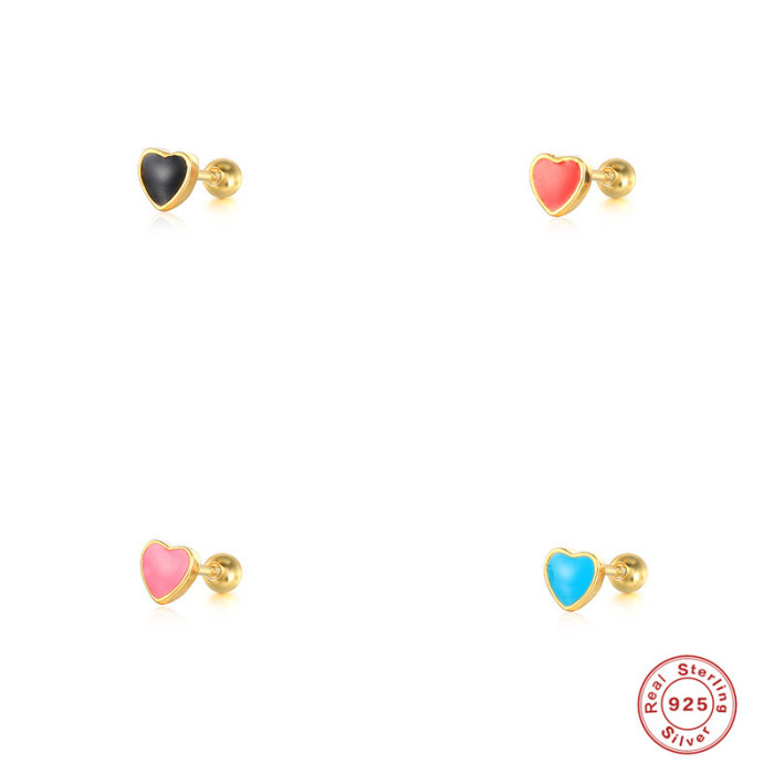 S925 Sterling Silver Classic Heart-shaped Oil Drop Glaze Piercing Jewelry Threaded Earrings Enamel Piercing Ear Bone Stud Earrings for Women