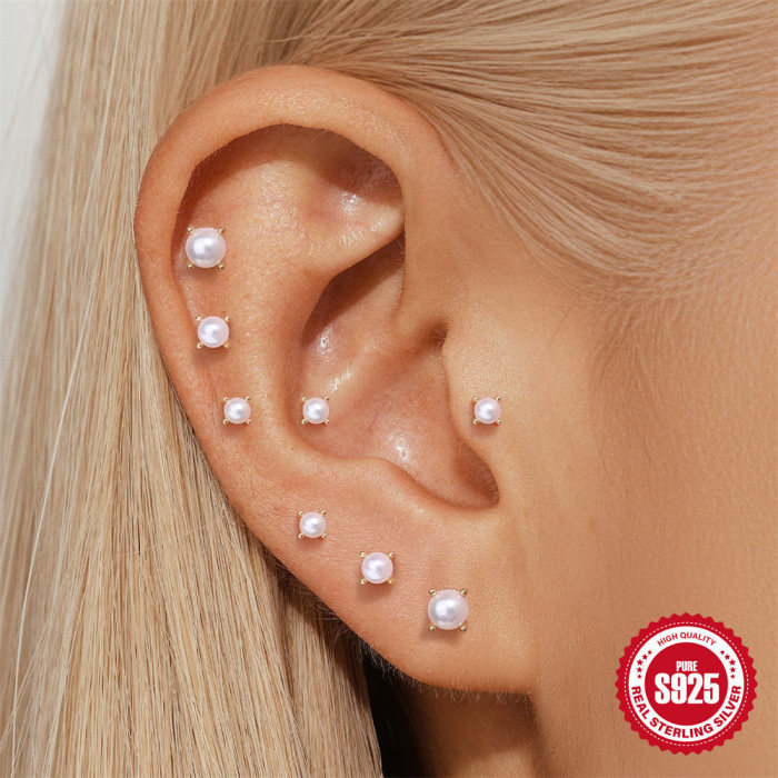 S925 Sterling Silver Classic Multi-size Pearl Flat Head Threaded Piercing Ear Bone Stud Japanese and Korean Niche Temperament Minimalist Earrings