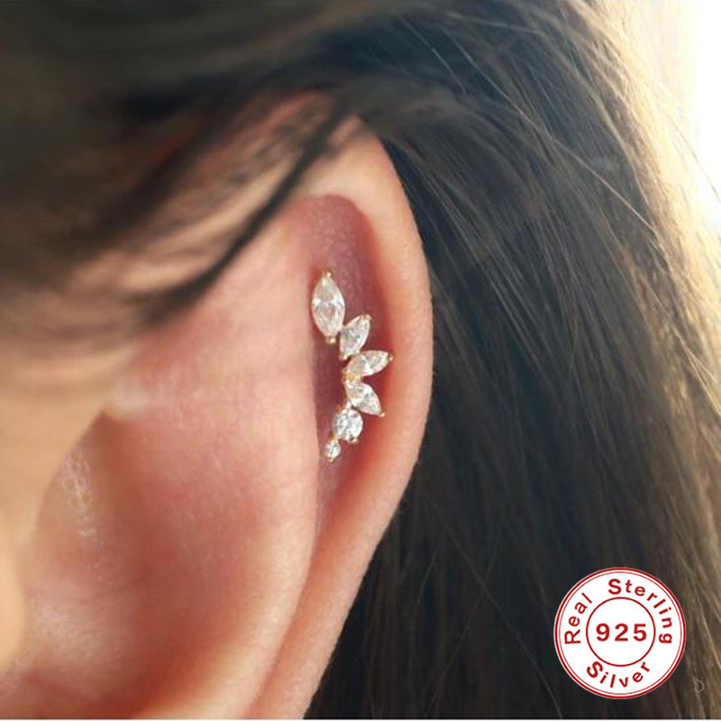 S925 Sterling Silver Simple Petal Marquise Diamond Screw Piercing Ear Bone Stud European and American Trendy INS Style Piercing Ear Jewelry