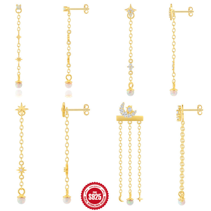 S925 Sterling Silver Chain Tassel Opal Earrings Star Drop Earrings Korean Style Niche Design Sense Light Luxury Ear Jewelry