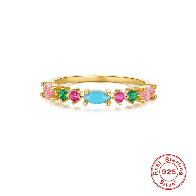 S925 Sterling Silver Colorful Stone Marquise Ring Fresh Summer Wear Matching Jewelry Internet Celebrity Street Style Elegant Luxury Index Finger Ring