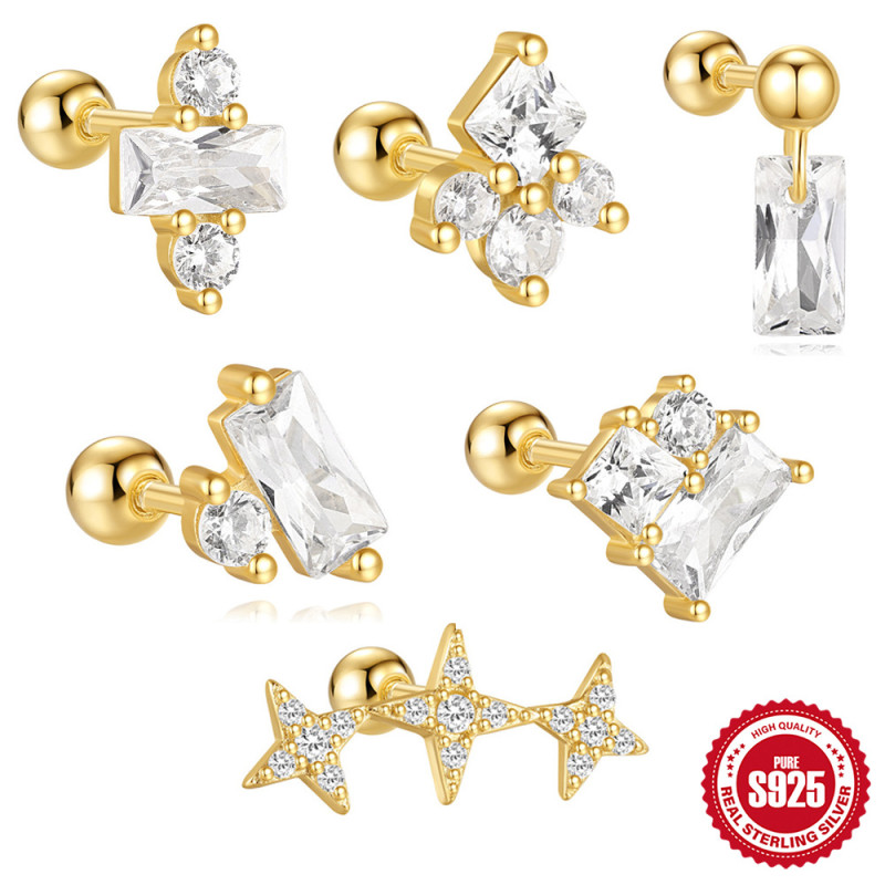 New S925 Sterling Silver Geometric Diamond-Encrusted High-End Round Ball Threaded Piercing Ear Bone Stud European and American Cross-Border Hot-Selling Ear Jewelry