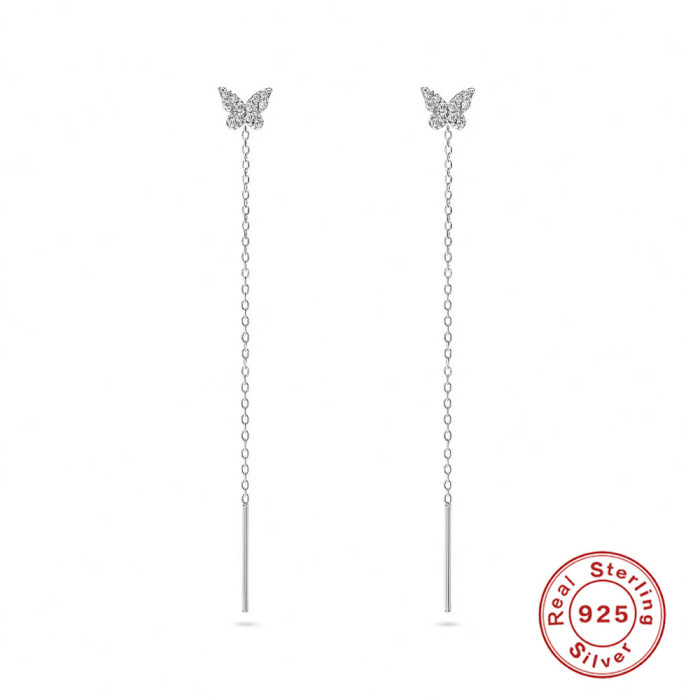 S925 Sterling Silver Butterfly Inlaid Diamond Chain Tassel Earrings Stud Earrings Korean Style Elegant Fairy Outfit Ear Accessories