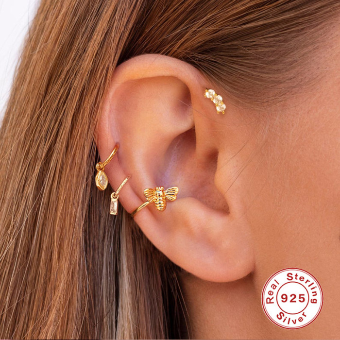 S925 Sterling Silver Pierced Earrings Single Row Inlaid Diamond Spiral Piercing Ear Bone Stud Cross-Border Bestselling Trendy Minimalist Style Earrings