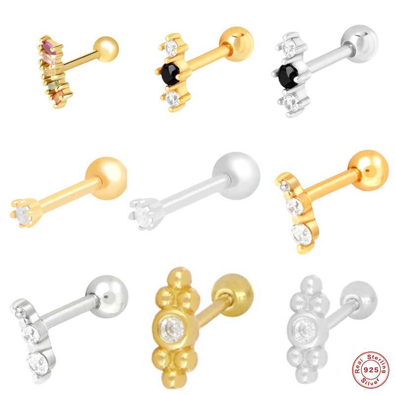 S925 Sterling Silver Threaded Body Piercing Ear Bone Stud European and American Hot Selling Diamond-Encrusted Geometric Piercing Cartilage Stud Earrings for Women