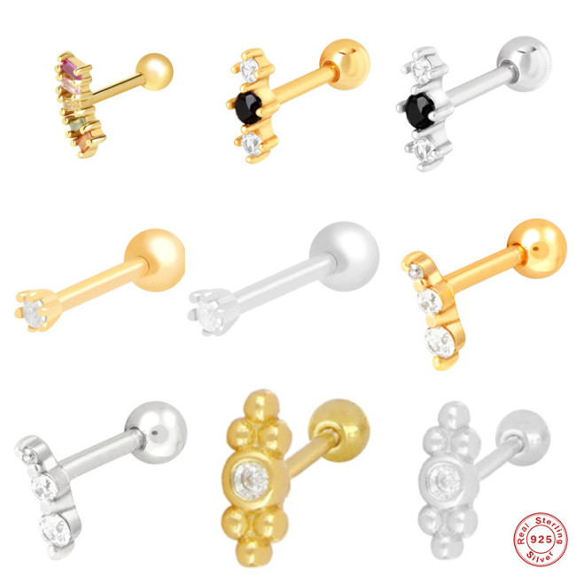 S925 Sterling Silver Threaded Body Piercing Ear Bone Stud European and American Hot Selling Diamond-Encrusted Geometric Piercing Cartilage Stud Earrings for Women