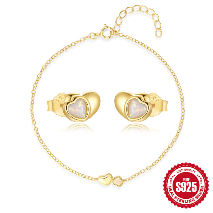 New S925 Sterling Silver Light Luxury Heart Opal Bracelet and Earring Set Korean Version Niche Design High-end Jewelr...