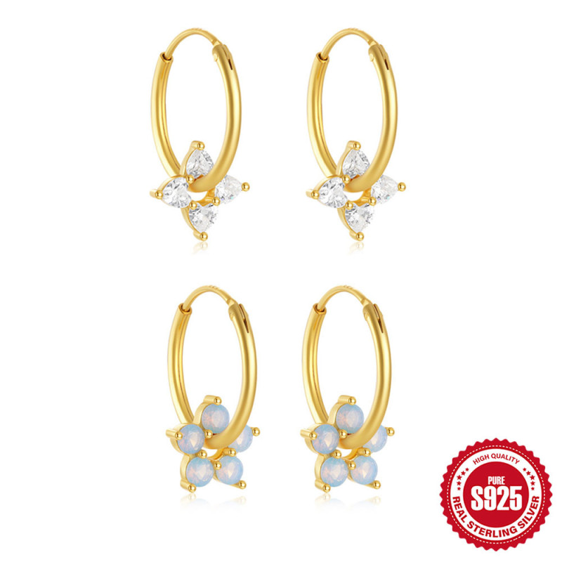 S925 Sterling Silver New Lucky Five-Petal Flower Hoop Earrings Drop Earrings European and American French Style Blue Opal Inlaid Diamond Earrings