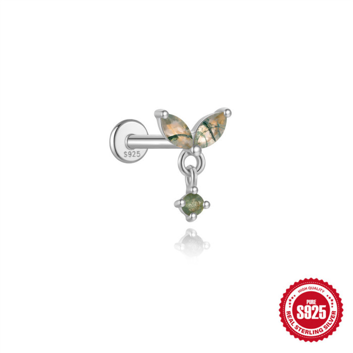 New S925 Sterling Silver Geometric Inlaid Diamond Natural Moss Agate Flat Head Threaded Piercing Ear Bone Stud European and American Hot-Selling Model