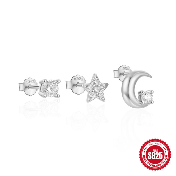 New 925 Sterling Silver Geometric Star Moon Diamond Set Earrings European and American Hot Selling Elegant Pearl Earrings Jewelry