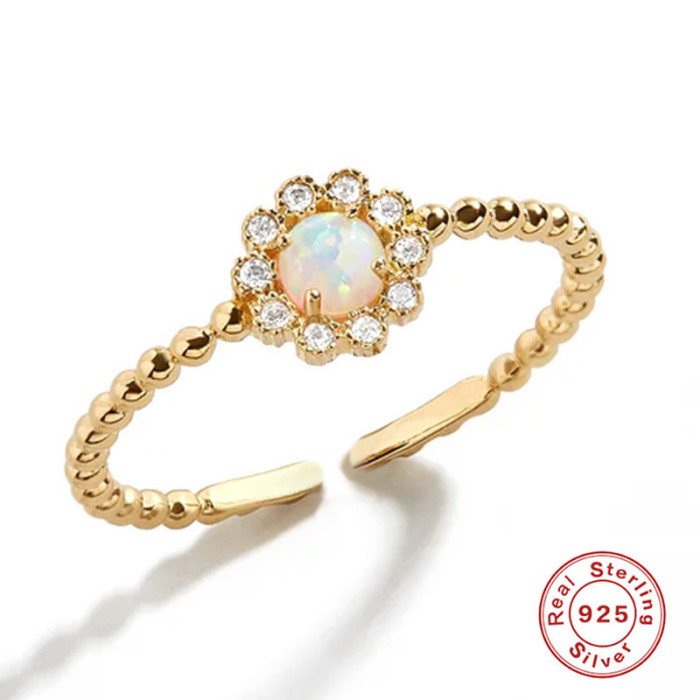 S925 Sterling Silver INS Flower Inlaid Diamond Opal Versatile Open Ring Hot Selling Elegant Fresh Index Finger Ring