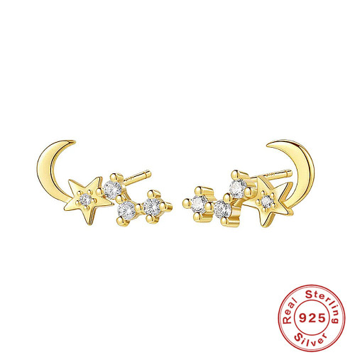 S925 Sterling Silver Mini Moon Star Earrings Light Luxury Inlaid Diamond Earrings AliExpress Hot Sale Elegant High-end Earrings