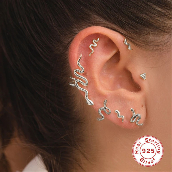 S925 Sterling Silver Small Snake Body Piercing Stud Earrings Cross-Border Bestselling Personality Flat Head Threaded Piercing Cartilage Stud Earrings Jewelry