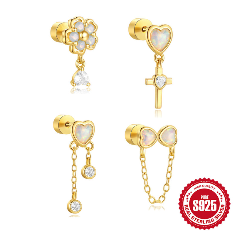 S925 Sterling Silver Heart Opal Cross Cylinder Threaded Piercing Ear Bone Stud European and American Hot-Selling High-End Opal Earrings