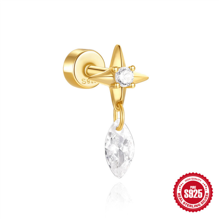 New 925 Sterling Silver Neptune Water Drop Diamond-Studded Cylinder Threaded Piercing Ear Bone Stud European and American Small Earrings Ear Jewelry