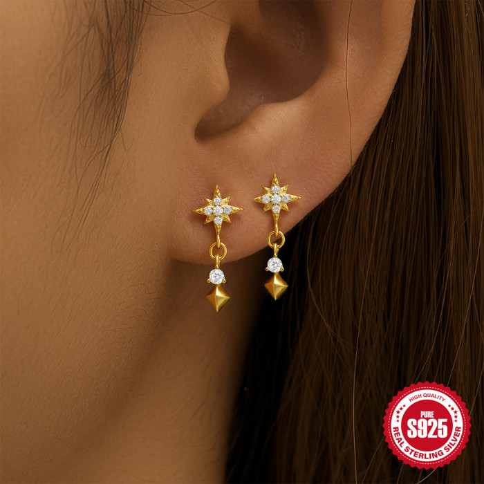 S925 Sterling Silver Star Moon Pearl Moonstone Inlaid Diamond Earrings Stud Earrings European and American Hot-Selling Elegant Earrings for Women