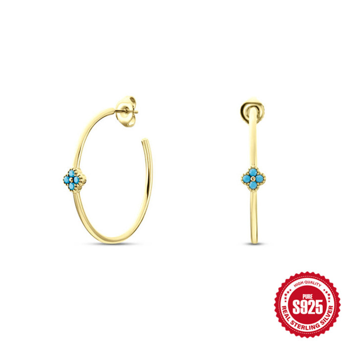 S925 Sterling Silver Petal Inlaid Diamond Turquoise Earrings Hoop Hot-Selling Classic Personality C-Shaped Stud Earri...