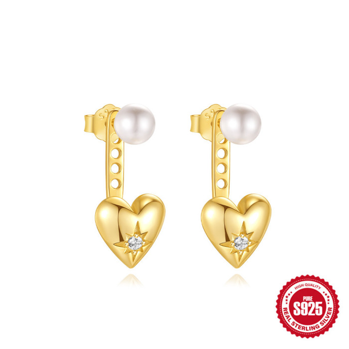 S925 Sterling Silver Inlaid Diamond Heart Double Layer Earrings Butterfly Drop Earrings for Women Korean Style High-end Niche Pearl Petal Ear Jewelry
