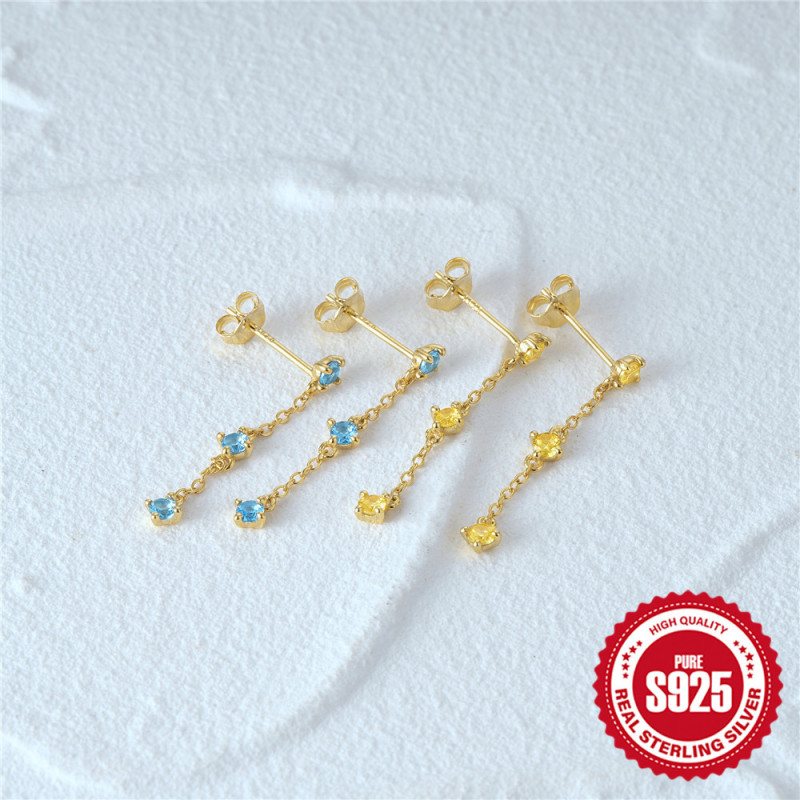 S925 Sterling Silver Inlaid Diamond Sparkling Long Tassel Earrings Stud Earrings European and American Minimalist Style Versatile Elegant Earrings for Women