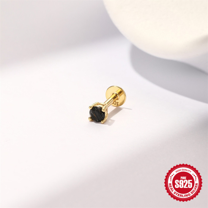 S925 Sterling Silver Horse Eye Tassel Black Rutilated Quartz Natural Stone Flat Head Threaded Piercing Ear Bone Stud European and American Hot Selling Ear Jewelry