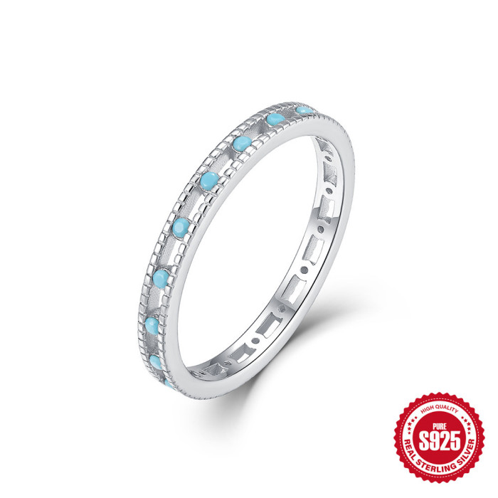 New S925 Sterling Silver Row Diamond Opal Flower Turquoise Ring Fashionable Unique Retro Niche Design Index Finger Tail Ring