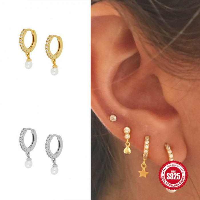 S925 Sterling Silver Inlaid Diamond Pearl Earrings Hoop Earrings Hot-Selling Minimalist Ear Clips Versatile Ear Jewelry