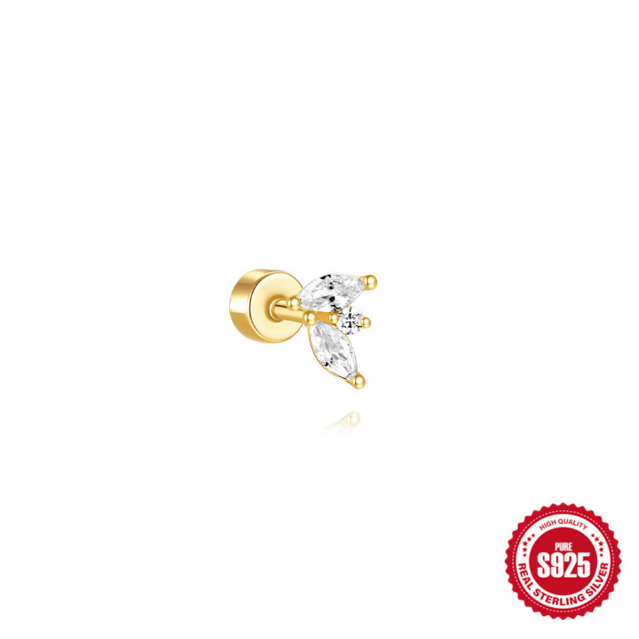 S925 Sterling Silver Flat Column Threaded Piercing Ear Bone Stud European and American Hot Selling Geometric Inlaid Diamond Opal Earrings Ear Jewelry