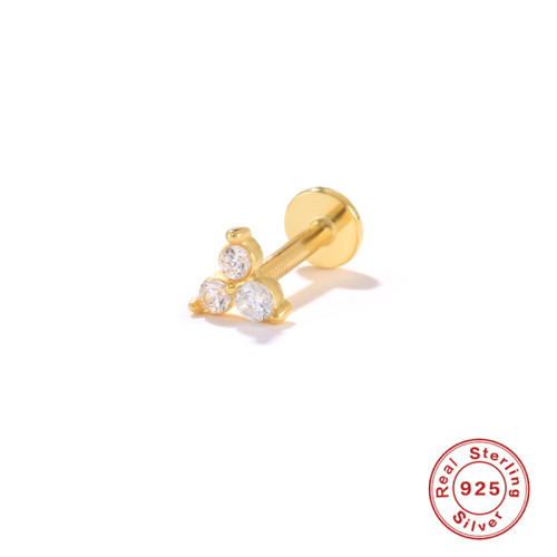S925 Sterling Silver Flat Head Threaded Piercing Cartilage Earrings European and American Hot Selling INS Three Diamond Inlaid Body Piercing Earrings