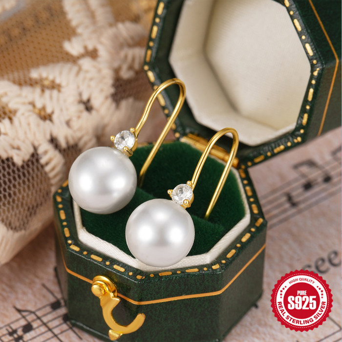 S925 Sterling Silver Diamond-Studded Pearl Ear Hook Earrings Korean Version TikTok Same Style Elegant Design Imitation Pearl Versatile Earrings